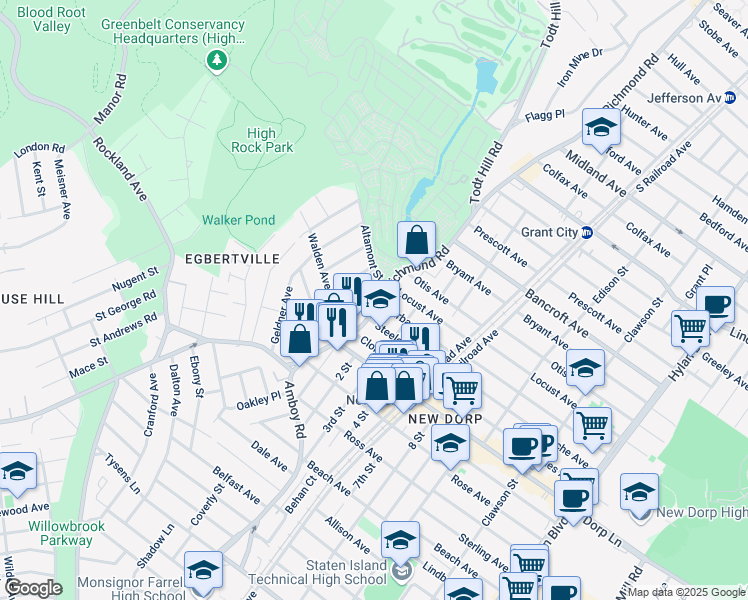 map of restaurants, bars, coffee shops, grocery stores, and more near 15 Steele Avenue in Staten Island
