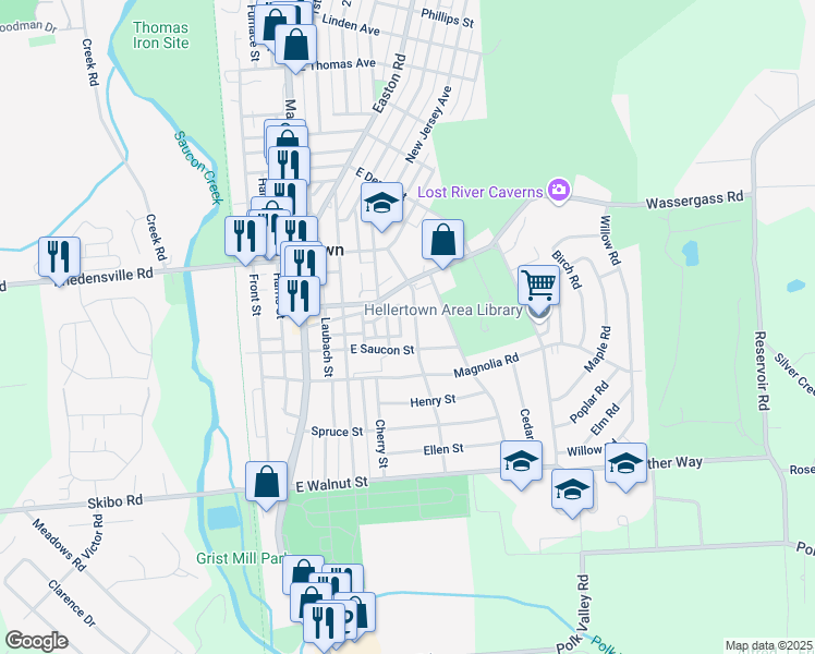 map of restaurants, bars, coffee shops, grocery stores, and more near 502 East Saucon Street in Hellertown