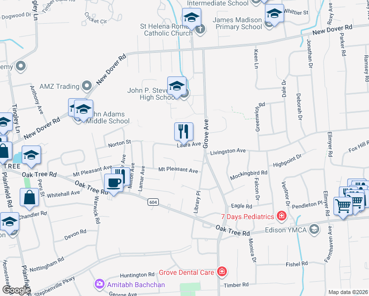 map of restaurants, bars, coffee shops, grocery stores, and more near 6 Emil Court in Edison