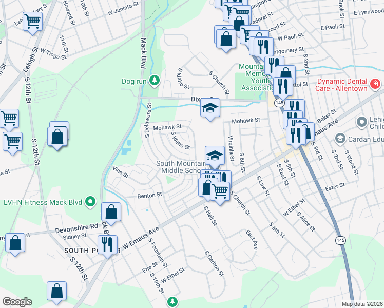 map of restaurants, bars, coffee shops, grocery stores, and more near 2014 South Hall Street in Allentown