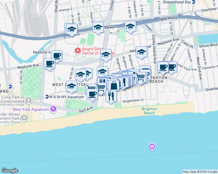 map of restaurants, bars, coffee shops, grocery stores, and more near 229 Brighton Beach Avenue in Brooklyn