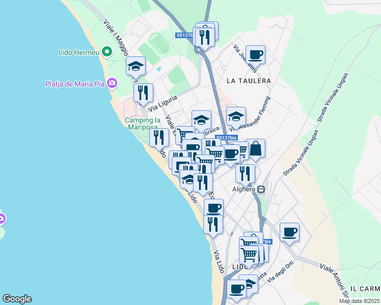 map of restaurants, bars, coffee shops, grocery stores, and more near 73 Viale Europa in Alghero