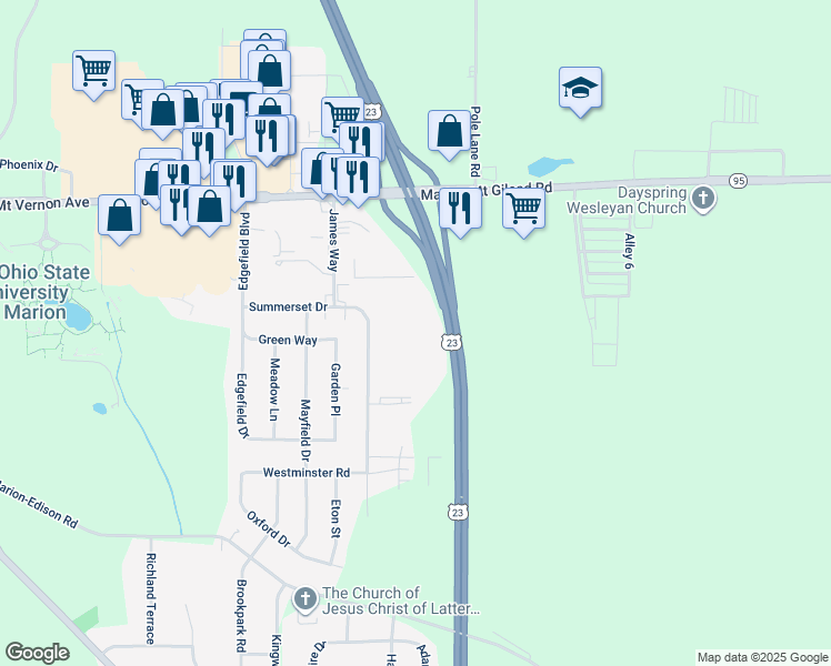 map of restaurants, bars, coffee shops, grocery stores, and more near 372 Jamesway Drive in Marion