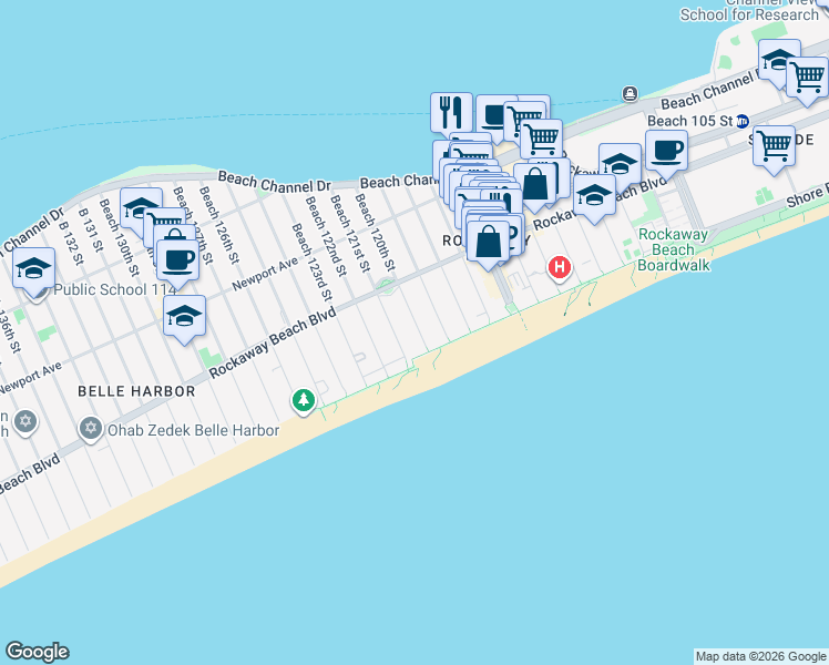 map of restaurants, bars, coffee shops, grocery stores, and more near 145 Beach 120th Street in Queens