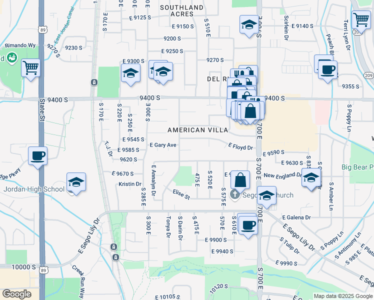 map of restaurants, bars, coffee shops, grocery stores, and more near 9542 David Street in Sandy