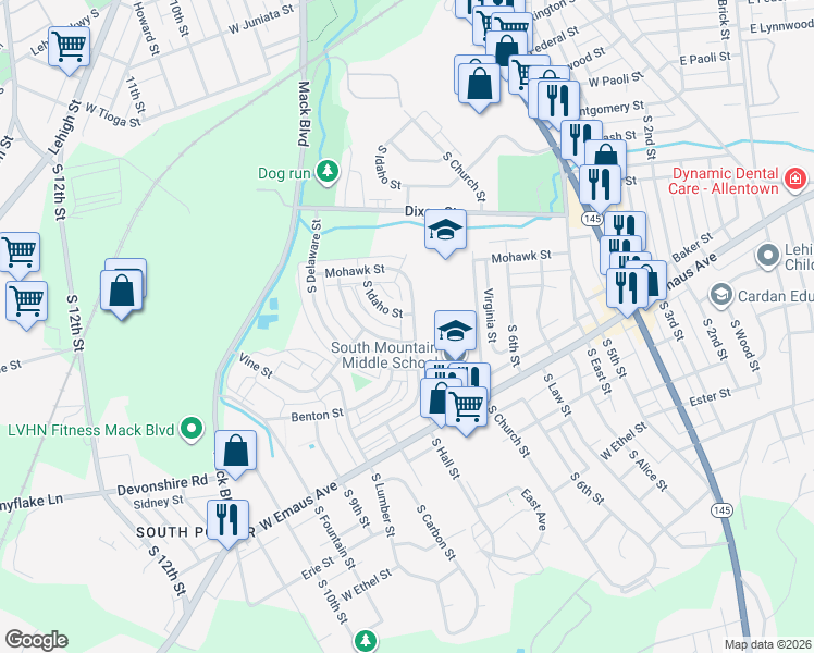 map of restaurants, bars, coffee shops, grocery stores, and more near 1962 Baker Drive in Allentown