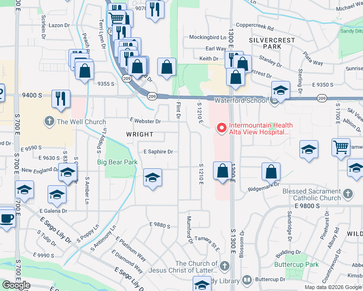 map of restaurants, bars, coffee shops, grocery stores, and more near 9569 Flint Drive in Sandy
