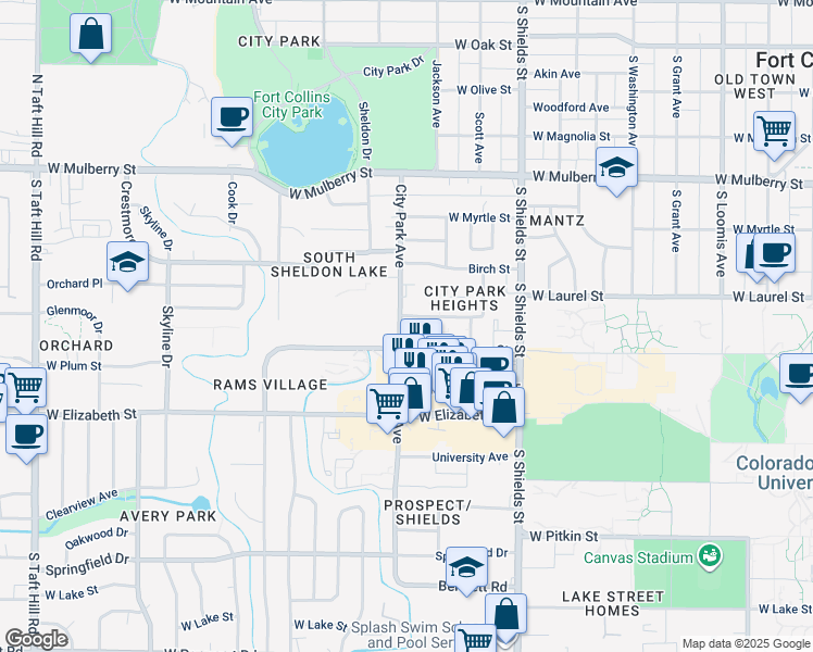 map of restaurants, bars, coffee shops, grocery stores, and more near 710 City Park Avenue in Fort Collins