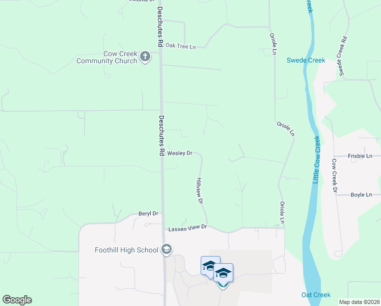 map of restaurants, bars, coffee shops, grocery stores, and more near Wesley Dr in Palo Cedro