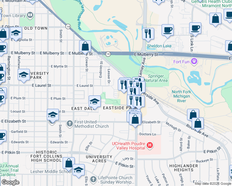 map of restaurants, bars, coffee shops, grocery stores, and more near 1005 East Laurel Street in Fort Collins