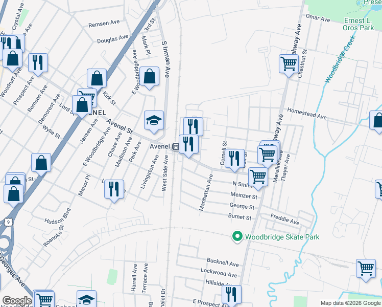 map of restaurants, bars, coffee shops, grocery stores, and more near 132 Avenel Street in Woodbridge Township
