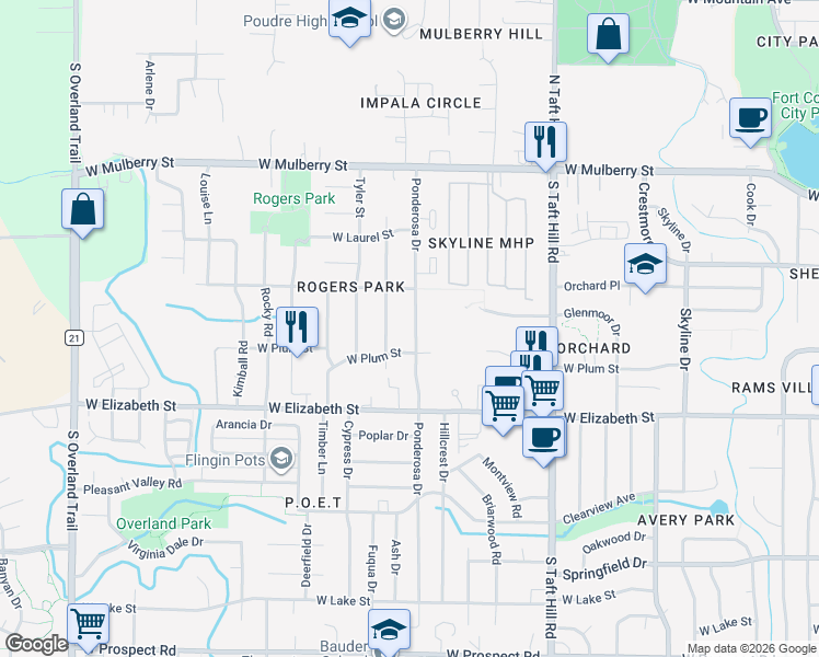 map of restaurants, bars, coffee shops, grocery stores, and more near 821 Ponderosa Drive in Fort Collins