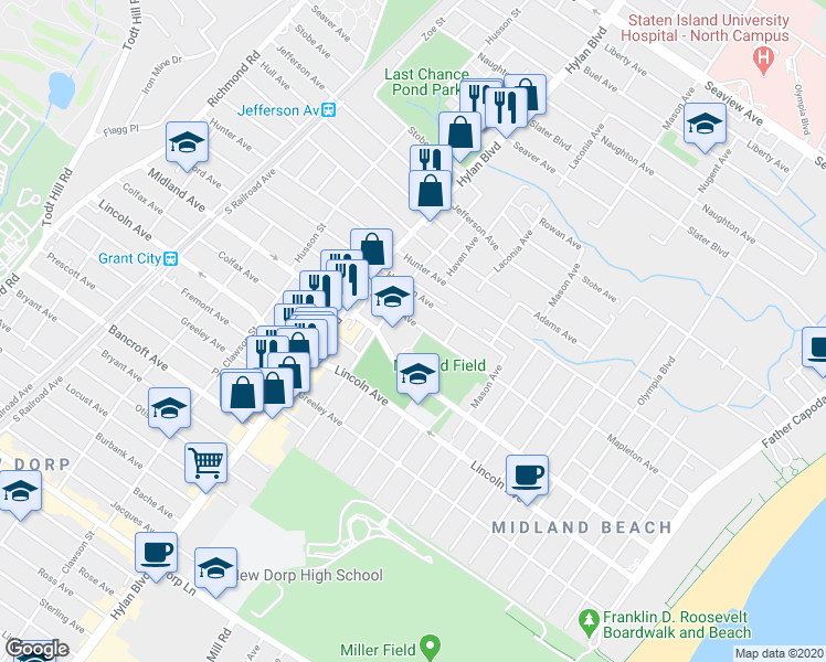 map of restaurants, bars, coffee shops, grocery stores, and more near 342 Bedford Avenue in Staten Island