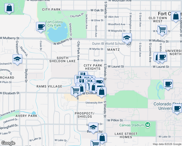 map of restaurants, bars, coffee shops, grocery stores, and more near Baystone Drive in Fort Collins