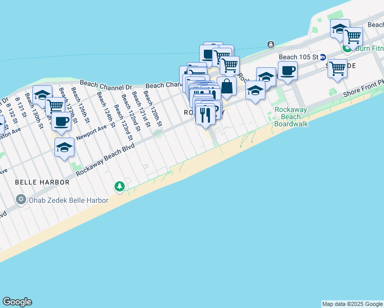 map of restaurants, bars, coffee shops, grocery stores, and more near 1-47 Beach 117th Street in Queens