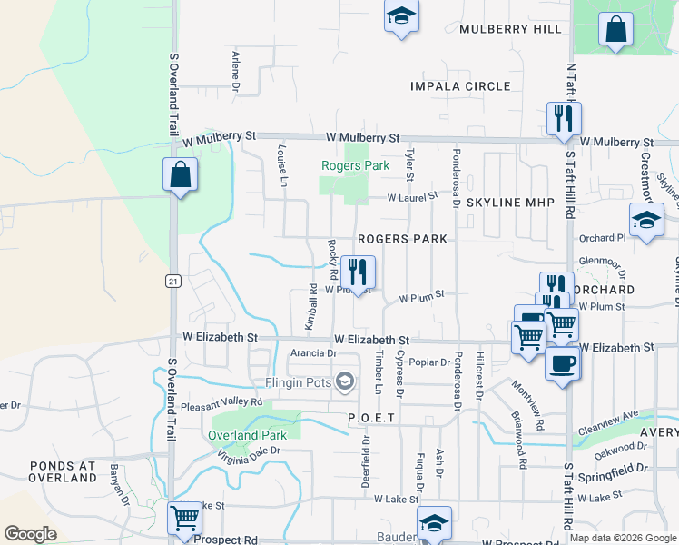 map of restaurants, bars, coffee shops, grocery stores, and more near 808 Rocky Road in Fort Collins