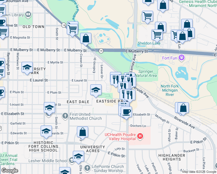 map of restaurants, bars, coffee shops, grocery stores, and more near 1005 East Laurel Street in Fort Collins