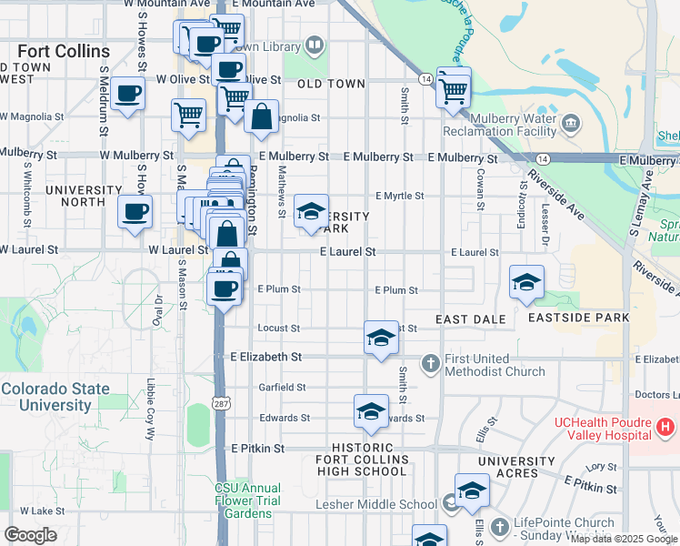 map of restaurants, bars, coffee shops, grocery stores, and more near 703 Peterson Street in Fort Collins