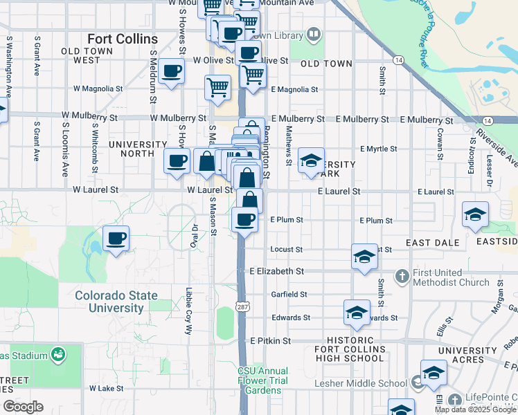 map of restaurants, bars, coffee shops, grocery stores, and more near 107 East Laurel Street in Fort Collins