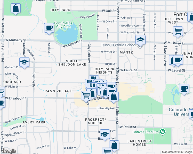 map of restaurants, bars, coffee shops, grocery stores, and more near Baystone Drive in Fort Collins