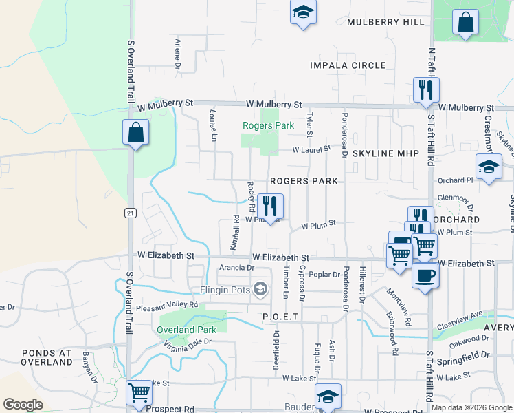 map of restaurants, bars, coffee shops, grocery stores, and more near 808 Rocky Road in Fort Collins