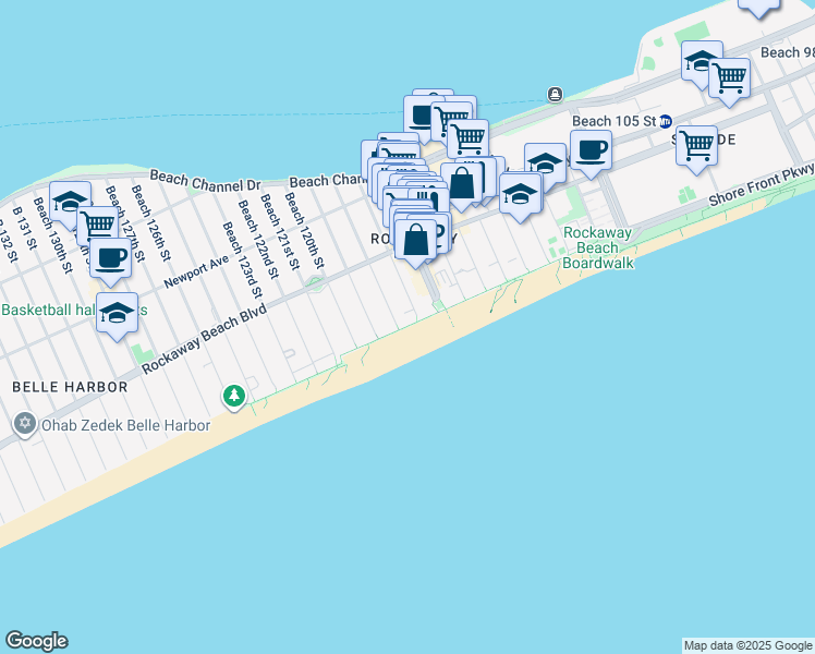 map of restaurants, bars, coffee shops, grocery stores, and more near 1-47 Beach 117th Street in Queens
