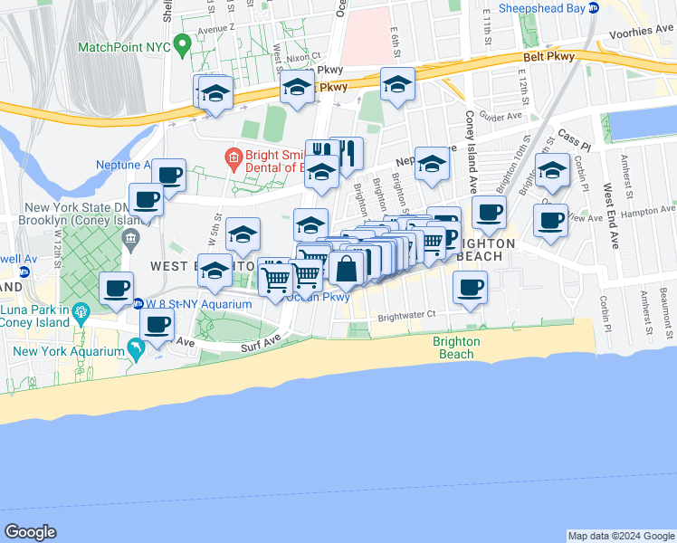 map of restaurants, bars, coffee shops, grocery stores, and more near 20 Brighton 1st Walk in Brooklyn
