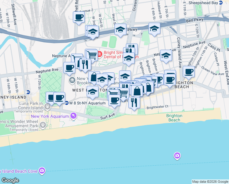map of restaurants, bars, coffee shops, grocery stores, and more near 3000 Ocean Parkway in Brooklyn