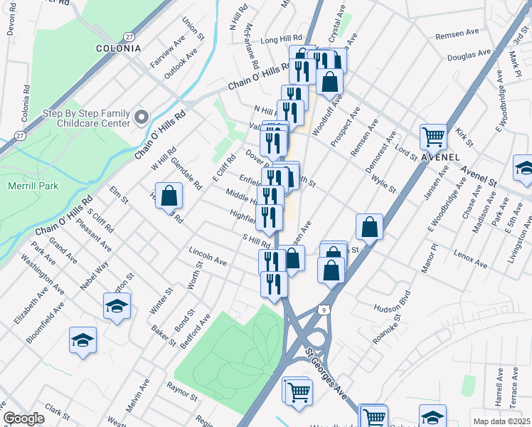 map of restaurants, bars, coffee shops, grocery stores, and more near 20 Middle Hill Road in Woodbridge Township