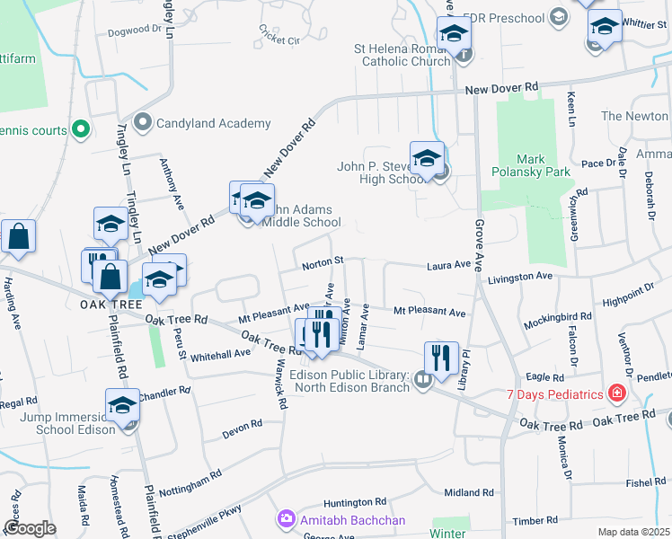 map of restaurants, bars, coffee shops, grocery stores, and more near 52 Montclair Avenue in Edison