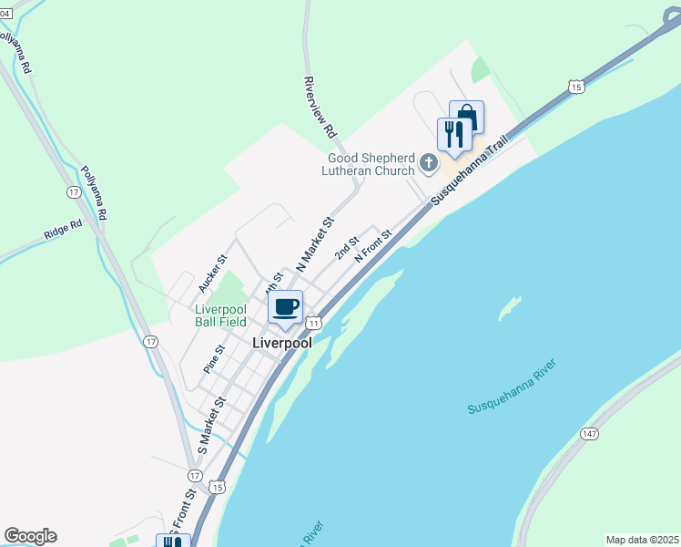 map of restaurants, bars, coffee shops, grocery stores, and more near 608 North Front Street in Liverpool