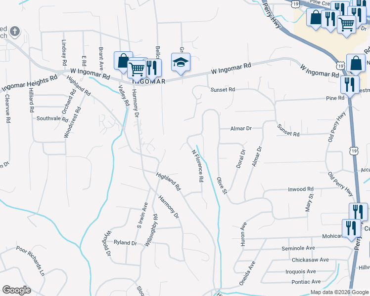 map of restaurants, bars, coffee shops, grocery stores, and more near 540 Pebblewood Court in Pittsburgh