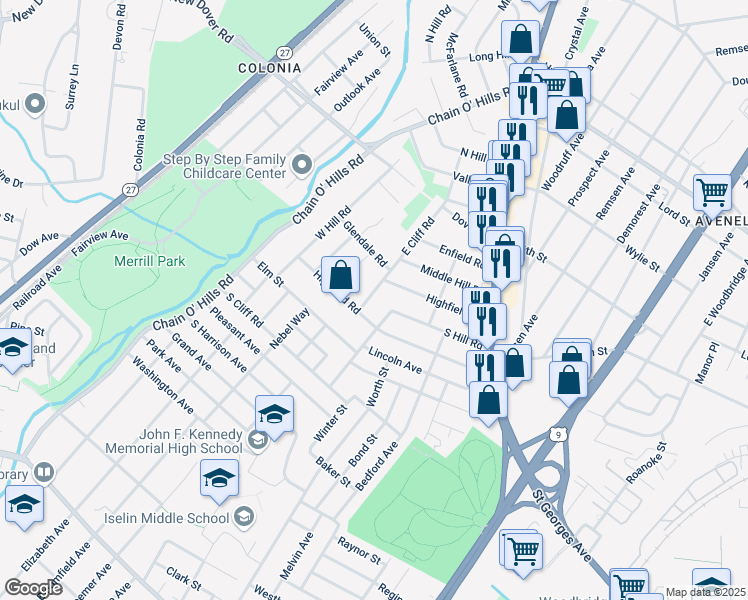 map of restaurants, bars, coffee shops, grocery stores, and more near 181 East Cliff Road in Woodbridge Township
