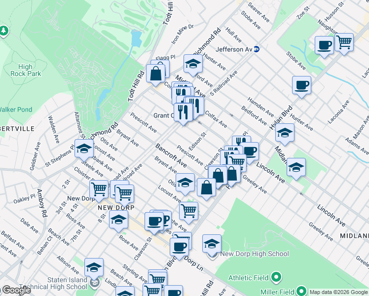 map of restaurants, bars, coffee shops, grocery stores, and more near 141 Greeley Avenue in Staten Island