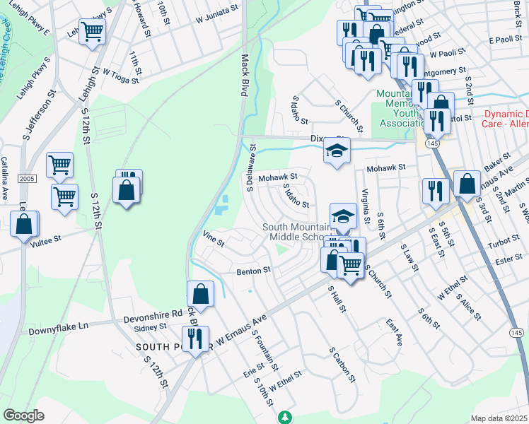 map of restaurants, bars, coffee shops, grocery stores, and more near 1935 South Delaware Street in Allentown