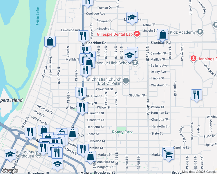 map of restaurants, bars, coffee shops, grocery stores, and more near 1007 Illinois Street in Pekin