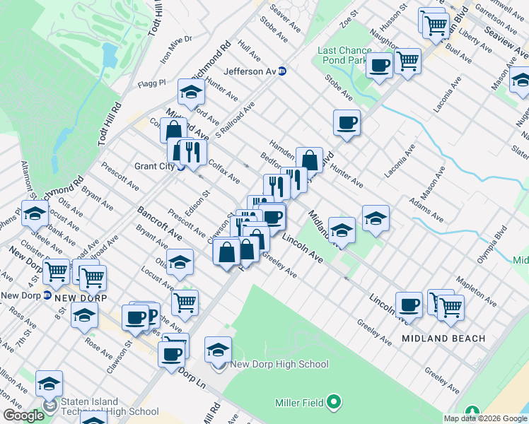 map of restaurants, bars, coffee shops, grocery stores, and more near 31 Grant Place in Staten Island