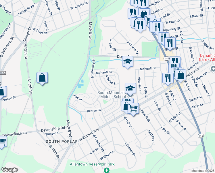 map of restaurants, bars, coffee shops, grocery stores, and more near 1971 South Hall Street in Allentown