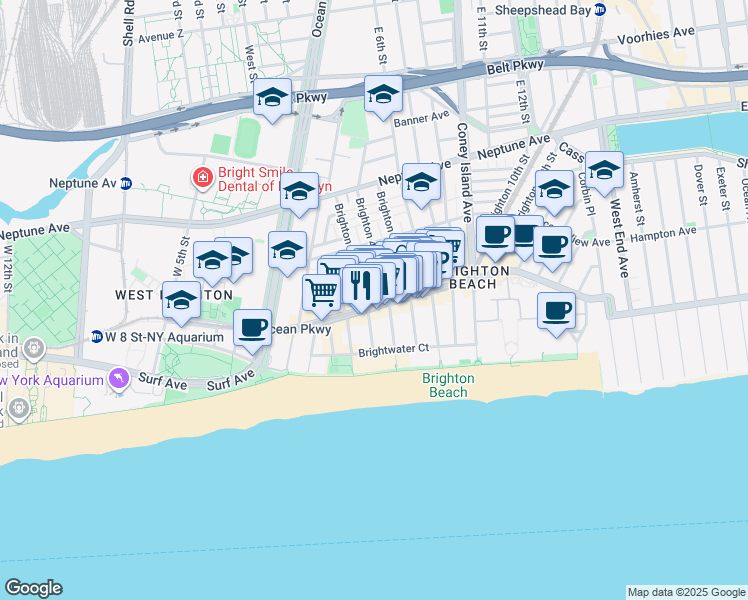 map of restaurants, bars, coffee shops, grocery stores, and more near 3053 Brighton 4th Street in Brooklyn