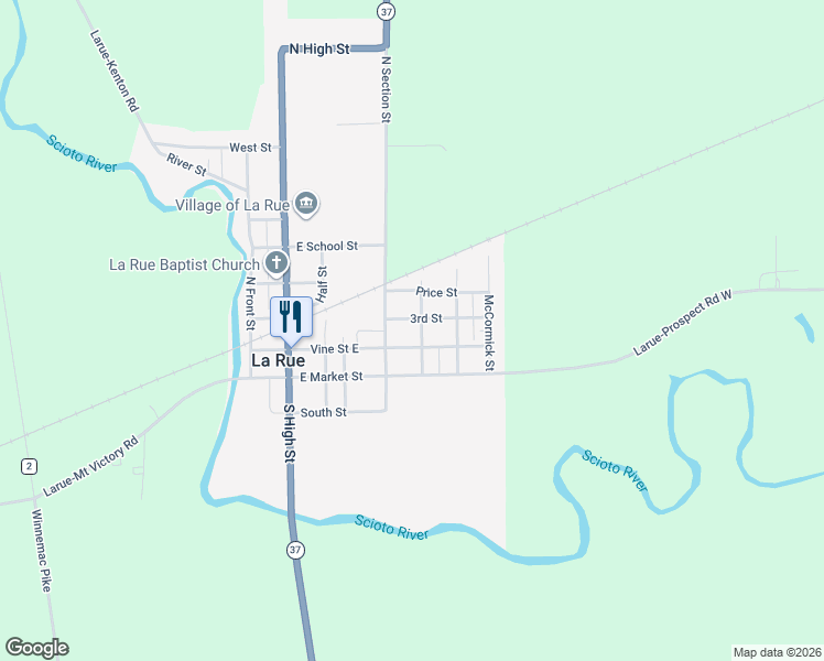 map of restaurants, bars, coffee shops, grocery stores, and more near 134 North Marsh Street in La Rue
