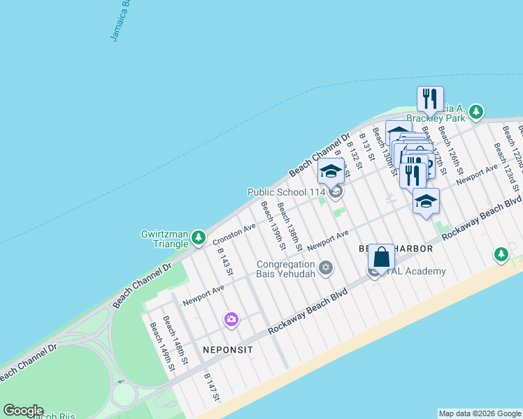 map of restaurants, bars, coffee shops, grocery stores, and more near 5-15 Beach 139th Street in Queens