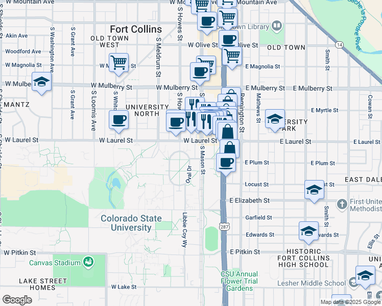 map of restaurants, bars, coffee shops, grocery stores, and more near in Fort Collins