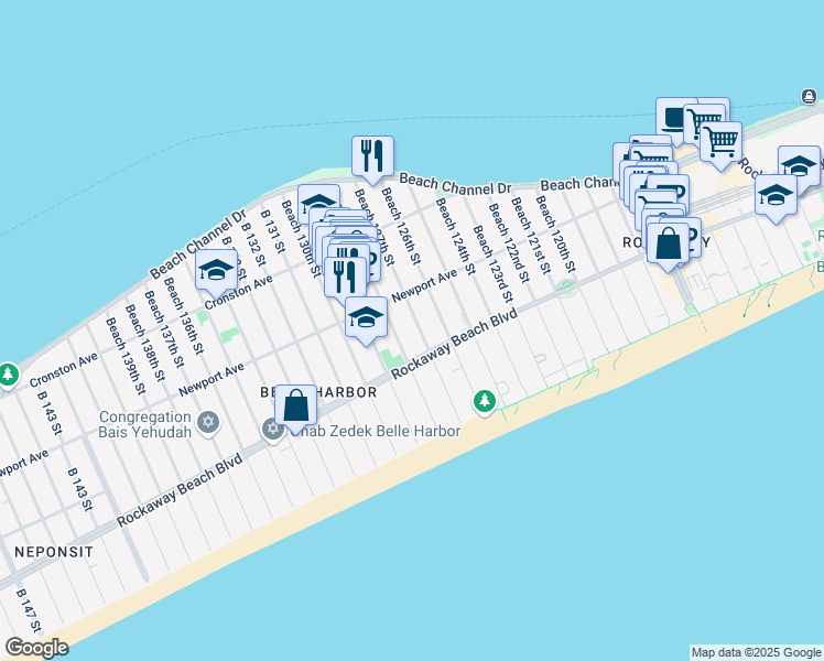 map of restaurants, bars, coffee shops, grocery stores, and more near 239 Beach 126th Street in Queens