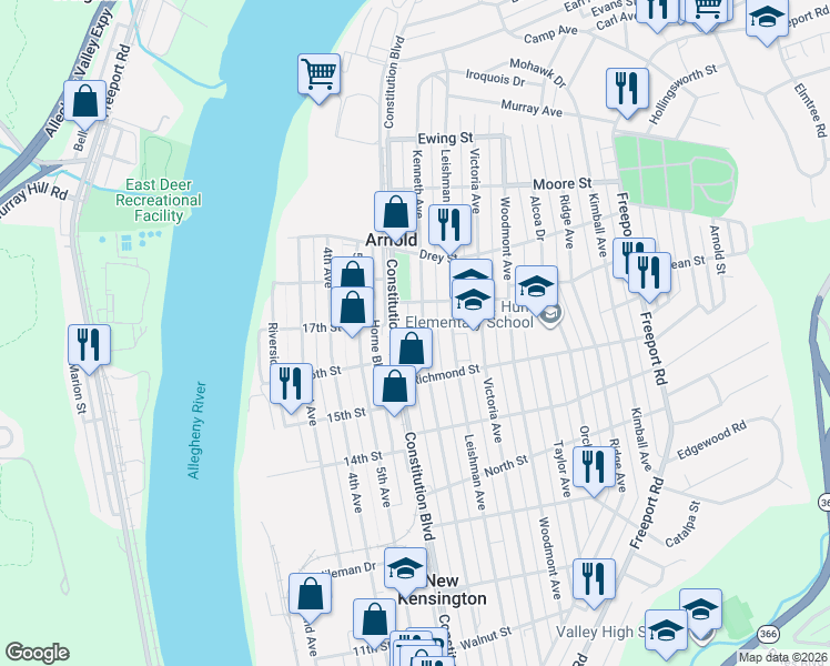 map of restaurants, bars, coffee shops, grocery stores, and more near 1742 Kenneth Avenue in Arnold