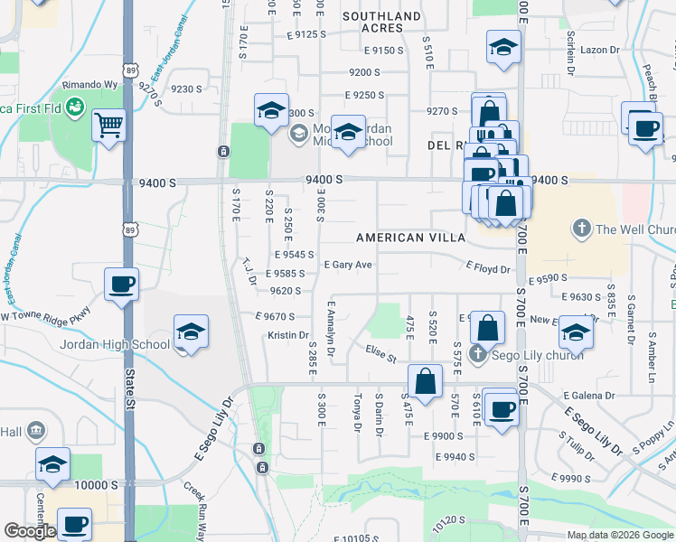 map of restaurants, bars, coffee shops, grocery stores, and more near 342 East James Circle in Sandy