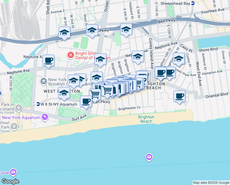 map of restaurants, bars, coffee shops, grocery stores, and more near 3040 Brighton 3rd Street in Brooklyn