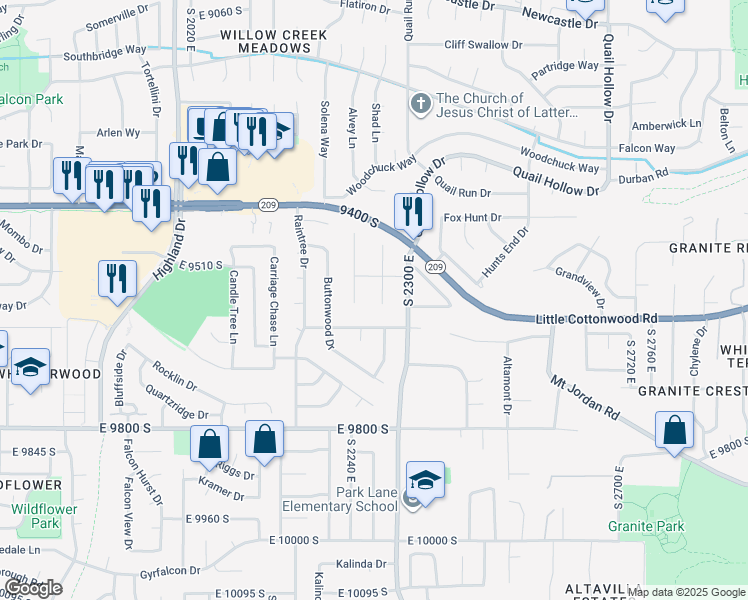 map of restaurants, bars, coffee shops, grocery stores, and more near 9574 Equestrian Park Circle in Sandy
