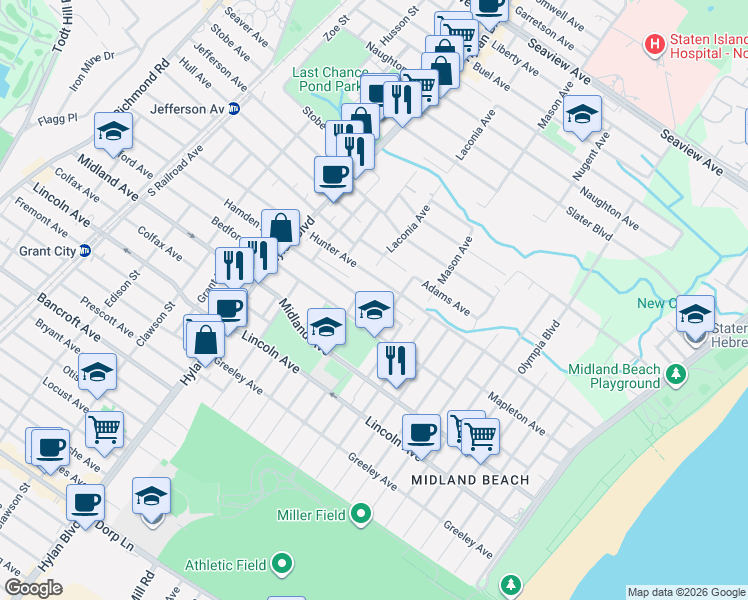 map of restaurants, bars, coffee shops, grocery stores, and more near 365 Hunter Avenue in Staten Island