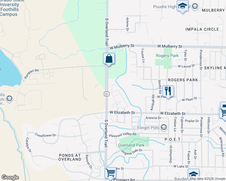 map of restaurants, bars, coffee shops, grocery stores, and more near 850 South Overland Trail in Fort Collins
