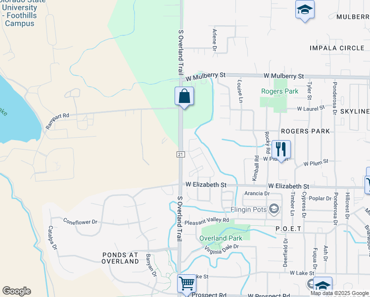 map of restaurants, bars, coffee shops, grocery stores, and more near 720 South Overland Trail in Fort Collins